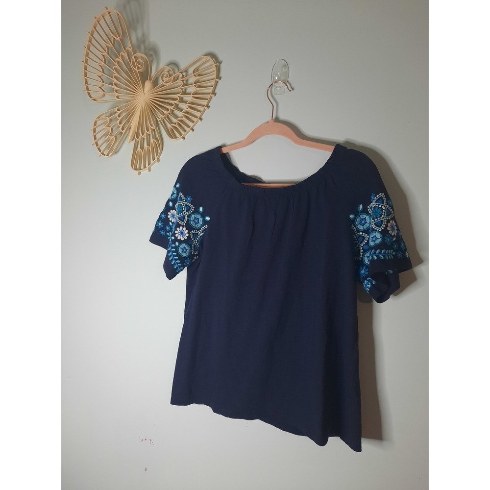 Talbots Petite Navy Blue Cotton Embroidered Floral Peasant Top Blouse MP Petite